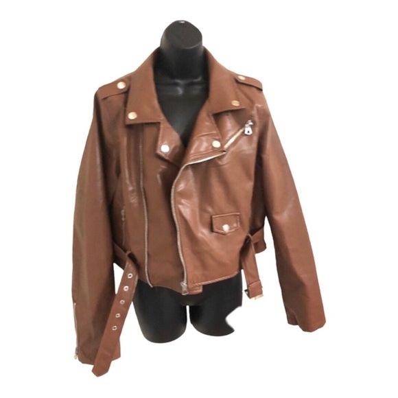 Stoosh brown leather look classic motorcycle biker rocker jacket size XL new - Picture 2 of 15